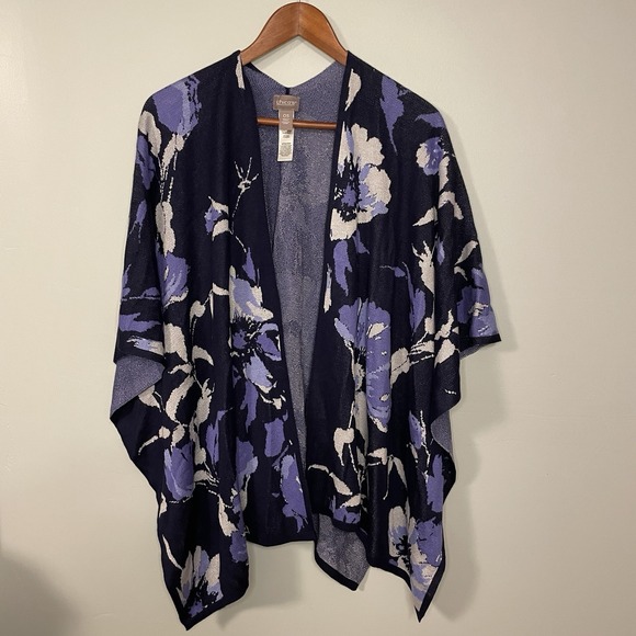 Chico's Sweaters - Chico's Cardigan Sweater Floral Print Purple Blue Open Front One‎ Size